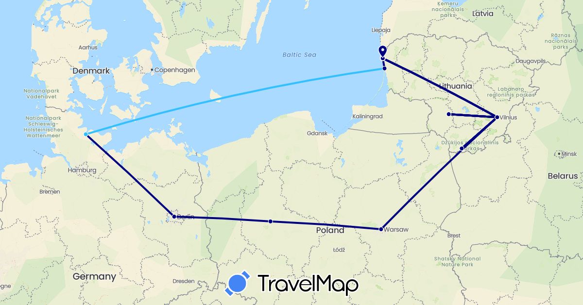 TravelMap itinerary: driving, boat in Germany, Lithuania, Poland (Europe)